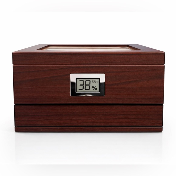 Glass Top Cedar Cigar Humidor Box with Digital Hygrometer & Drawer – Wood Finish